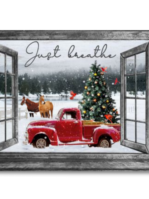 Christmas Canvas Faux Window Gorgeous Winter Scene with Red Truck Canvas Print